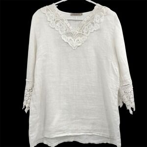 Vanessa Alexandra Women 100% Linen Top Sz L White Beach Resort Coastal Lace Trim